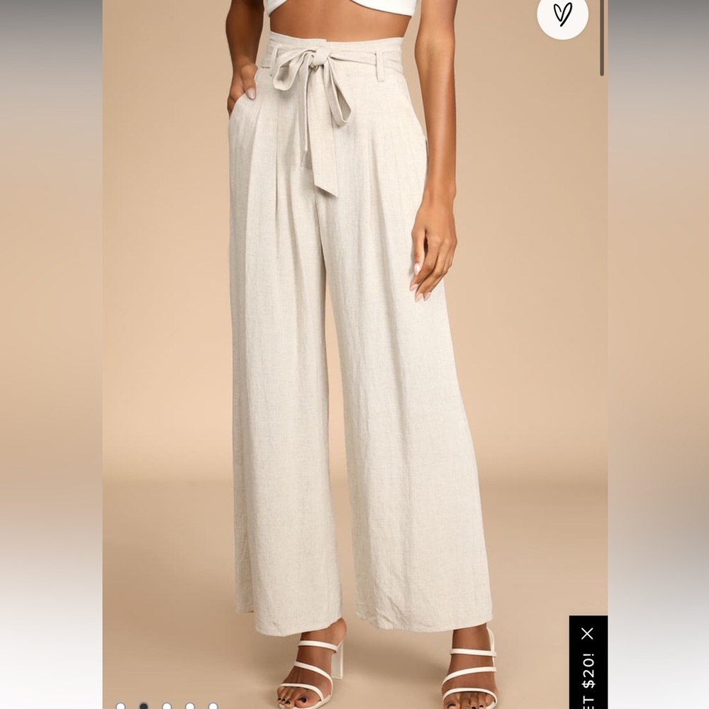 Beige Belted High-Waisted Wide-Leg Pants
